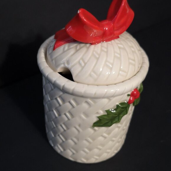 Otagiri Handcrafted in Japan Holly Berry & Bow Jam Jar w/ Lid 5 1/2" Tall - Picture 2 of 6